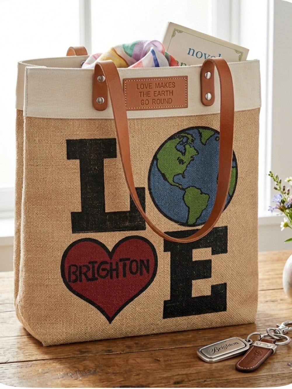 Brighton “LOVE” 🌎 Earth Jute Tote Bag Canvas & Leather Handles Eco Chic